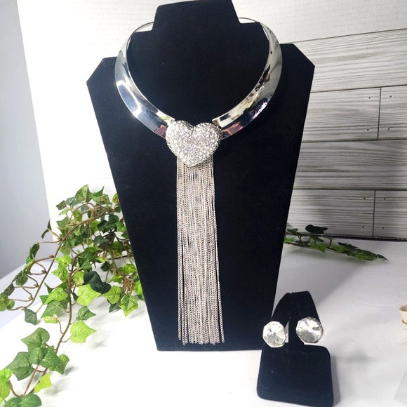 Statement Silver and Crystal Heart Choker Necklace Chain Tassel Earrings Set - Picture 1 of 11